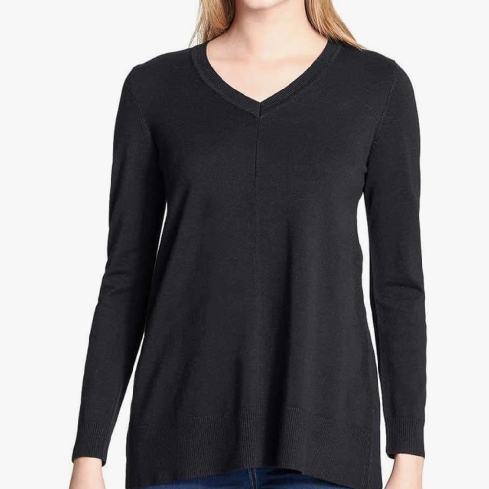 DKNY Jeans women’s V-Neck knit Sweater black sz L EUC